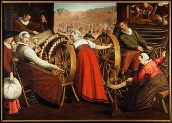 Arbetare som spinner och väver ull, ca 1600 (olja på trä)