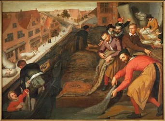 Arbetare tvättar och sorterar ull, ca 1600 (olja på trä)