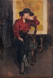 En elegant dam poserar framför solrosorna av Vincent van Gogh, ca 1916-20 (olja på duk)
