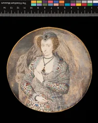 Miniatyr. Okänd dam. Lucy Harington, grevinna av Bedford (tidigare titel), ca 1605 (kroppsfärg  akvarell på kort)
