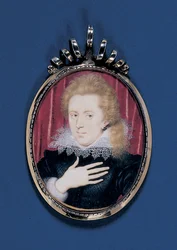 Porträttminiatyr av en ung herre, ca 1615 (akvarell på veläng nedlagt på kort med silverförgylld ram)