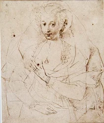 Porträtt av en okänd dam, formellt kallad Lucy Harrington, grevinnan av Bedford, en skiss till en miniatyr (nr 3902) ca 1605 (penna och bläck, krita på papper) (se även 58811)