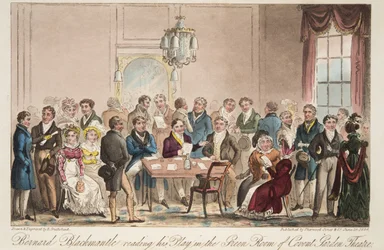 Bernard Blackmantle läser sin pjäs i Green Room på Covent Garden Theatre, från The English Spy, pub. 1824 (handfärgad gravyr)