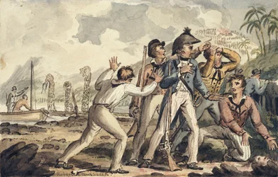 Kapten Burney upptäcker sina mördade skeppskamrater, illustration från "The Voyages of Captain Cook"