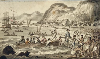 Captain Cook landar i Owyhee, illustration från "The Voyages of Captain Cook"