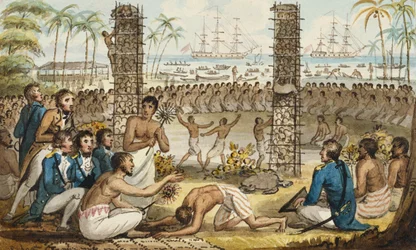 Captain Cook på ön Otaheite, illustration från "The Voyages of Captain Cook"