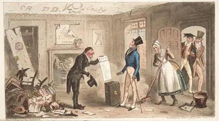 College Comforts, A Freshman som tar sina rum i besittning, från The English Spy, pub. 1824 (handfärgad gravyr)
