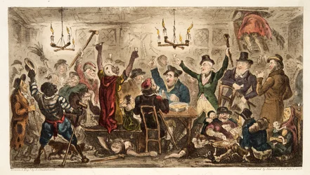 Courtiers Carousing in a Cadgers Ken, från The English Spy, pub. 1824 (handfärgad gravyr)
