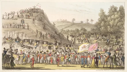Eton Montem, och berget, Salt Hill, från The English Spy, pub. 1824 (handfärgad gravyr)