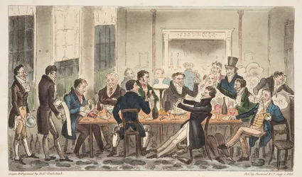 Kväll och i High Spirits, en scen på Longs Hotel, Bond Street, från The English Spy, pub. 1824 (handfärgad gravyr)