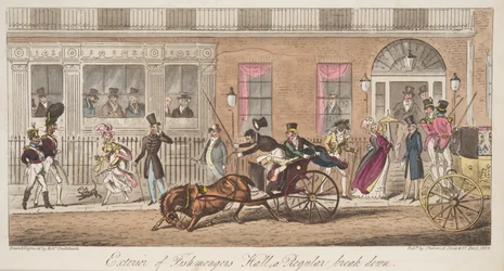 Exteriör av Fishmongers Hall, St James Street, med utsikt över ett regelbundet haveri, från The English Spy, pub. 1824 (handfärgad gravyr)