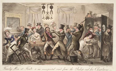 Family Men at Fault, eller ett oväntat besök från The Bishop and his Chaplains, från The English Spy, pub. 1824 (handfärgad gravyr)