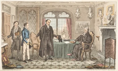 First Bow to Alma Mater, eller Bernard Blackmantles introduktion till Big Wig, från The English Spy, publicerad London, 1824 (handfärgad gravyr)