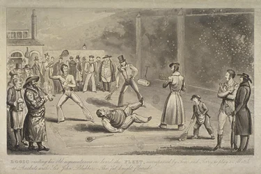 Illustration av en scen i Fleet Prison, från "Life in London" av Pierce Egan, ca 1820 (akvatint)