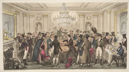 Interiör av ett modernt helvete - video. The Cogged Dice, från The English Spy, pub. 1824 (handfärgad gravyr)