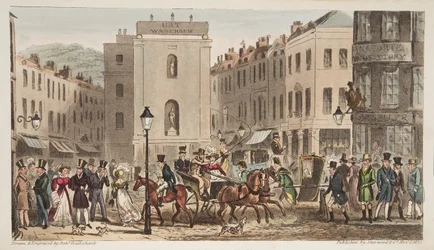 Milsom Street & Bond Street med porträtt av Bath Swells, från The English Spy, publicerad London, 1824 (handfärgad gravyr)