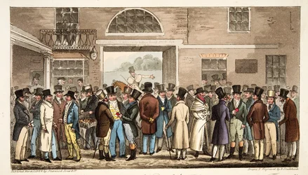Måndag efter Great St Leger, eller Heroes of the Turf som betalar och tar emot på Tattersalls, från The English Spy, pub. 1824 (handfärgad gravyr)