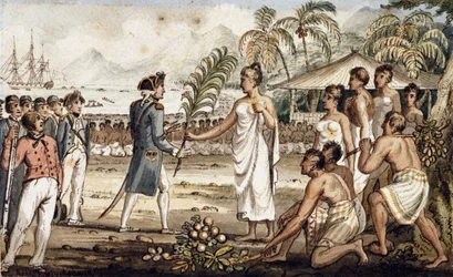 Oatehite, illustration från "The Voyages of Captain Cook"