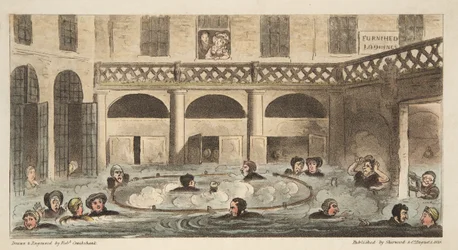 Offentligt bad i Bath eller Strewing Alive, från The English Spy, pub. 1824 (handfärgad gravyr)