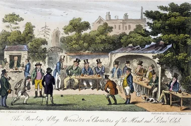 The Bowling Alley eller Characters of the Hand and Glove Club- i "" The English Spy"" av Charles Molloy Westmacott, teckning av Robert Cruikshank, London Edition