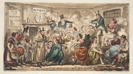 The Buff Club på Pig and Whistle, Avon Street, Bath, från The English Spy, pub. London, 1824 (handfärgad gravyr)