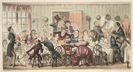 Cits Sunday Ordinary vid Gate House Highgate; eller, varje svin till sitt eget äpple, från The English Spy, pub. 1824 (handfärgad gravyr)