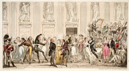 The Cyprians Ball at the Argyle Rooms, från The English Spy, pub. 1824 (handfärgad gravyr)