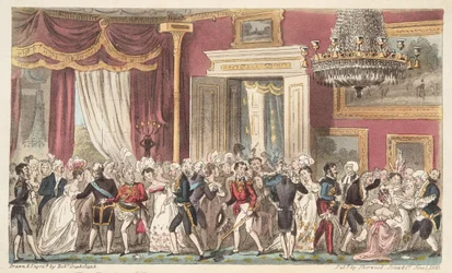 Kvällen i det runda rummet; eller en Squeeze på Carlton Palace, från The English Spy, pub. 1824 (handfärgad gravyr)