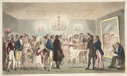 The Green Room of the Kings Theatre, eller ädla amatörer som tittar på Foreign Curiosities, från The English Spy, pub. 1824 (handfärgad gravyr)