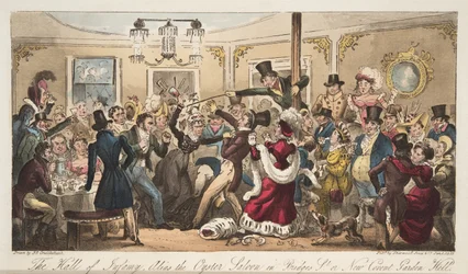 The Hall of Infamy, alias Oyster Saloon i Brydges-Street, eller New Covent Garden Hell, från The English Spy, pub. 1824 (handfärgad gravyr)