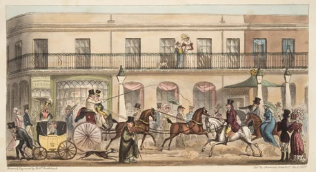 The High Street, Cheltenham, från The English Spy, pub. 1824 (handfärgad gravyr)