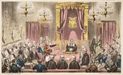 The House of Lords in High Debate, från The English Spy, pub. 1824 (handfärgad gravyr)