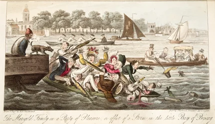 Marigold Family on a Party of Pleasure, eller effekten av en storm i den lilla Biscayabukten, från The English Spy, pub. 1824 (handfärgad gravyr)