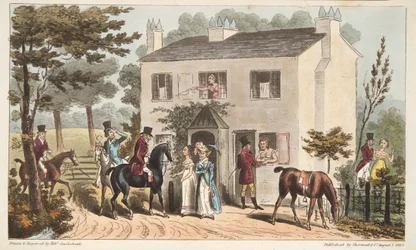 Oakland Cottages, Cheltenham eller Fox Hunters och deras favoriter, från The English Spy, pub. 1824 (handfärgad gravyr)