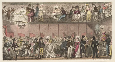 The Royal Saloon, Piccadilly, or an Hour after the Opera, från The English Spy publicerad 1824 (handfärgad gravyr)