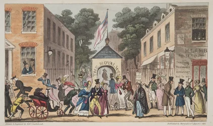 The Royal Wells, Cheltenham eller Spasmodic affections från Spa Waters, från The English Spy, pub. 1824 (handfärgad gravyr)