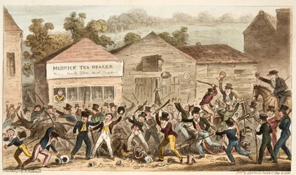 The Tea Pot Row at Harrow, eller Battle of Hog Lane, från The English Spy, pub. 1824 (handfärgad gravyr)