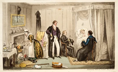 Tom Echo lade sig med Headington-febern eller en Oxonian mycket nära muren, från The English Spy, publicerad London, 1824 (handfärgad gravyr)