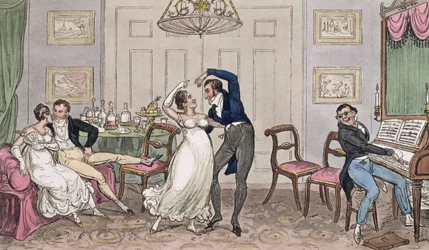 En introduktion: Gay moments of Logic, Jerry, Tom och Corinthian Kate, från "Life in London" av Pierce Egan, 1821 (färgad akvatint)