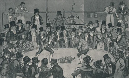 I den kungliga tuppfäktningsarenan, 1821, 1920. Konstnärer: Isaac Robert Cruikshank, George Cruikshank.