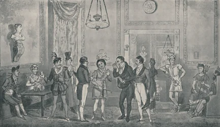 The Green Room på Drury Lane Theatre, 1821, 1920. Konstnärer: Isaac Robert Cruikshank, George Cruikshank.