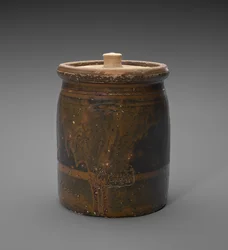 Burk med lock, ca. 1873-1882 (glidglaserat stengods)