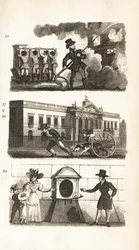 Brandbilen, ritning av varor på en lastbil, East India House och London Stone