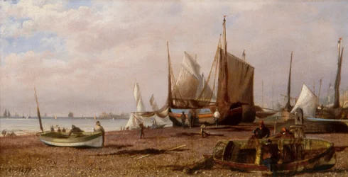 Brighton Beach med fiskebåtar