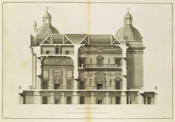 Houghton Hall: tvärsnitt av Hall och Salon, graverad av Pierre Fourdrinier, 1735 (se även 64903 och 64904)