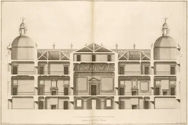 Houghton Hall: sektion av västfronten, graverad av Pierre Fourdrinier, 1735 (se även 64902 och 64903)