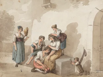 "Efter Pinnelli" (Grupp av bönder utanför ett hus)