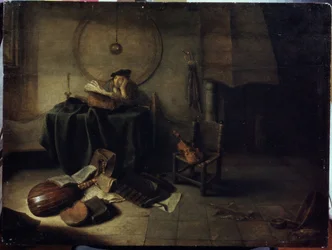 ""Melancholy II"" (Melancholy II (Forskare i sin studio)) En man som studerar musik, eftertänksam uttryck. Målning av Isaac de Jouderville (1613-1648) Serpoukhov, State Museum of History and Art