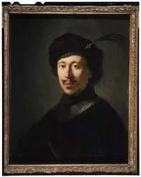 Ung man i en klyfta och plymerad mössa, ca 1630