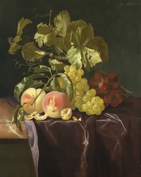 Stilleben av frukt, nötter och löv på sammetsduk